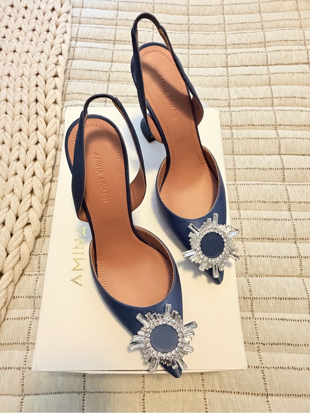 Amina Muaddi Navy Leather Slingback Heels with Crystal Sunburst